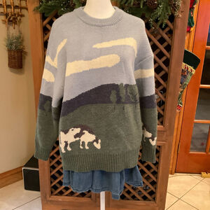 VAMTAC Prairie Farmcore Granola Cows Clouds Jacquard Pullover Small Sweater
